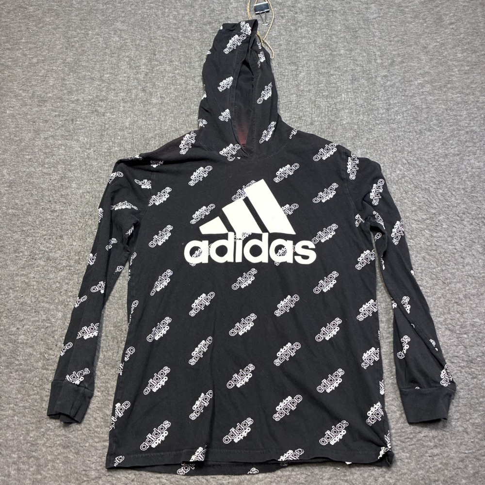 Adidas Hoodie Kids L/G (14/16) Black All Over Print Logo Faded Streetwear